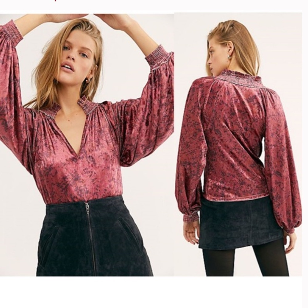 Free People Go Get 'Em Crushed Velvet Balloon Sleeve Blouse